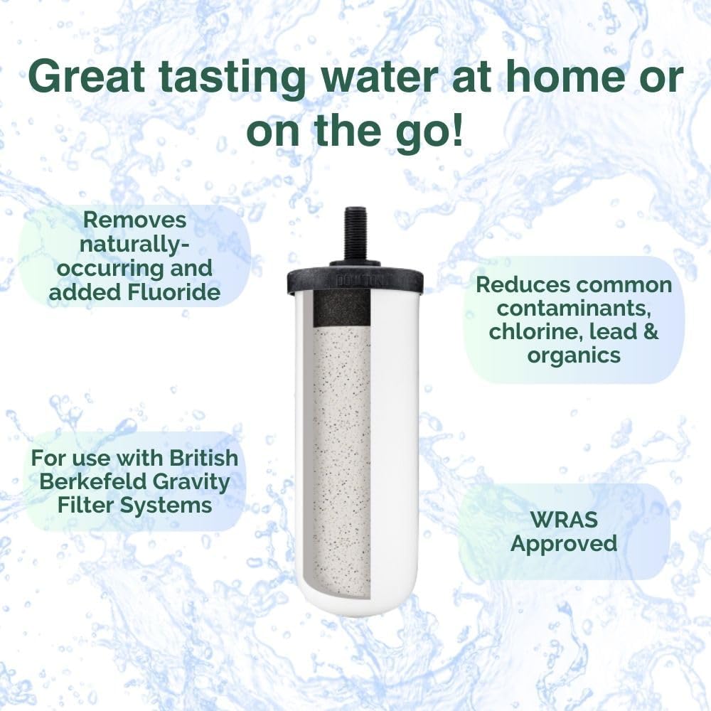 Enhance your hydration at home or on the go with the British Berkefeld Doulton Ultra Fluoride Ceramic Drinking Water Filter Cartridge from American Reserves. It removes fluoride and reduces contaminants, fitting perfectly in gravity filter systems like Berkey, and is WRAS approved.