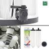 Collage of the American Reserves British Berkefeld Doulton 2.25 Gallon Countertop Gravity-Fed Water Filtration System. Top shows a spout close-up, bottom left reveals Ultra Sterasyl ceramic filter candles inside, bottom right highlights filter cartridges and packaging. Logo at top right corner.