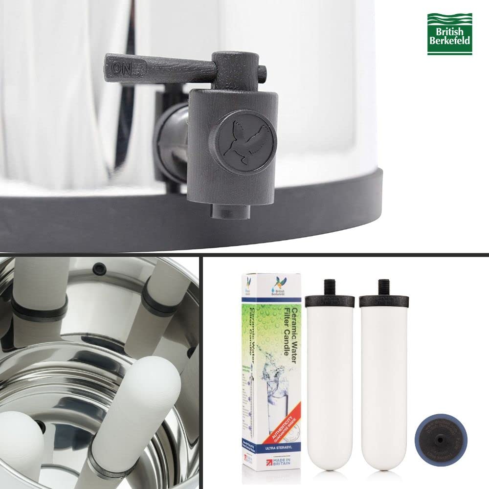 Collage of the American Reserves British Berkefeld Doulton 2.25 Gallon Countertop Gravity-Fed Water Filtration System. Top shows a spout close-up, bottom left reveals Ultra Sterasyl ceramic filter candles inside, bottom right highlights filter cartridges and packaging. Logo at top right corner.