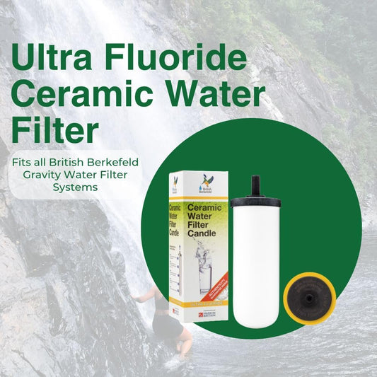 The American Reserves British Berkefeld Doulton Ultra Fluoride Ceramic Drinking Water Filter Cartridge, perfect for all gravity systems, is beautifully packaged and showcased against a stunning waterfall backdrop.