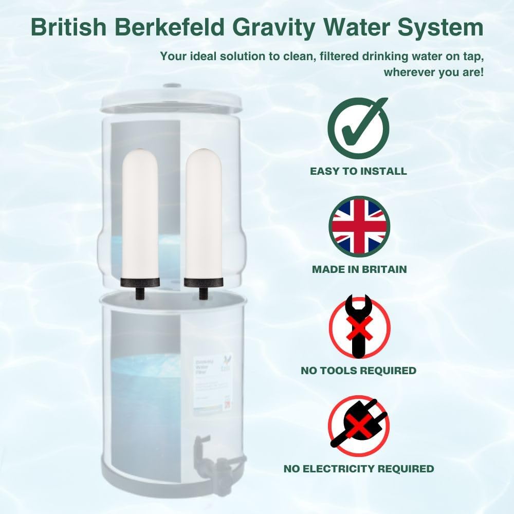 Discover the American Reserves Doulton Ultra Sterasyl 7 Ceramic Replacement Candles (3 Pack) for Gravity Drinking Water Systems, a British-made marvel. Featuring dual filters, it ensures pure water without needing tools or electricity, symbolizing freshness through its clear water imagery.