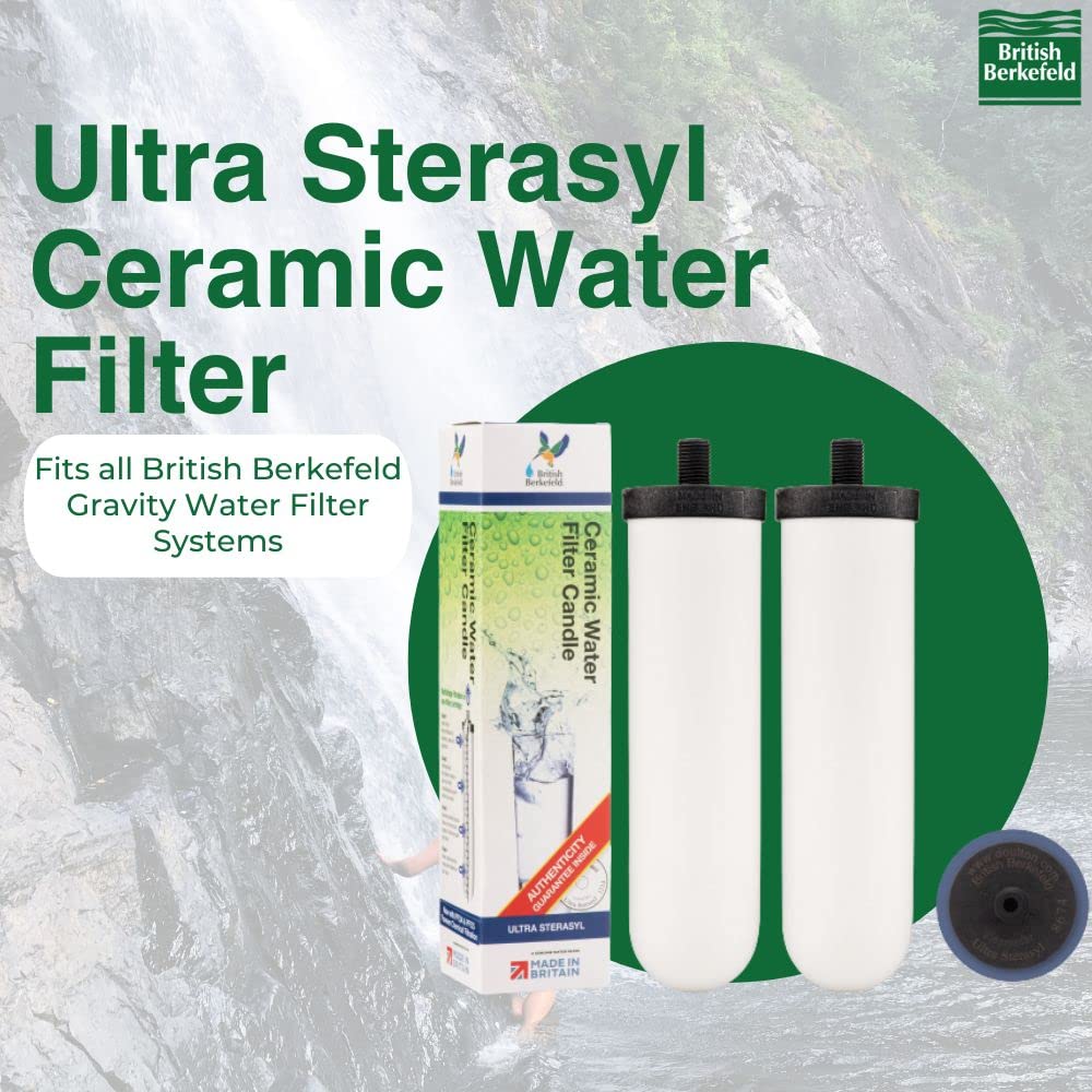 Image shows two cylindrical Ultra Sterasyl ceramic filter candles with a box and a small round component against a waterfall background. Text reads: Ultra Sterasyl Ceramic Water Filter fits British Berkefeld Doulton 2.25 Gallon Countertop Gravity-Fed Water Filtration System by American Reserves.