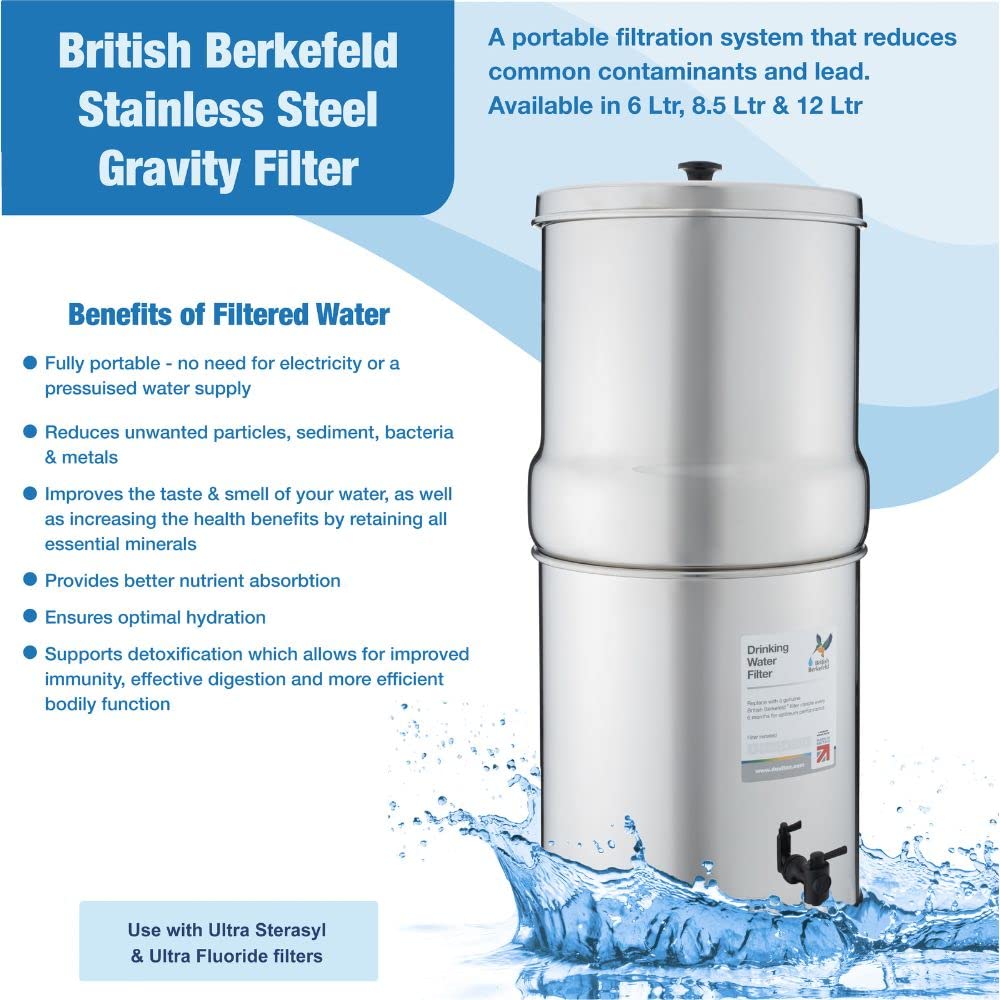 An image features the American Reserves British Berkefeld Doulton 2.25 Gallon Countertop Gravity-Fed Water Filtration System with four Sterasyl ceramic filter candles, requiring no electricity. It effectively purifies water while retaining nutrients and is perfect for hydration and detoxification needs.