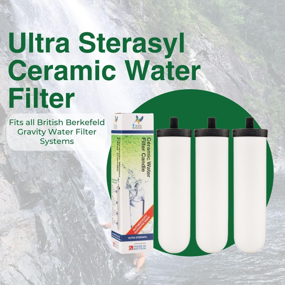 Image of American Reserves British Berkefeld Doulton Ultra Sterasyl 7 Ceramic Replacement Candle for Gravity Drinking (3 Pack) Water Systems packaging with a waterfall background. Caption emphasizes advanced Ultra Sterasyl technology and compatibility with British Berkefeld filtration systems.