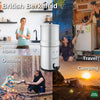 Image collage features the American Reserves British Berkefeld Doulton 2.25 Gallon Countertop Gravity-Fed Water Filtration System with four Ultra Sterasyl Ceramic Filter Candles surrounded by scenes: a woman in a kitchen, two people in a van, by a campfire, and at sunset. Labels: Home, Outdoor, Travel, Camping.