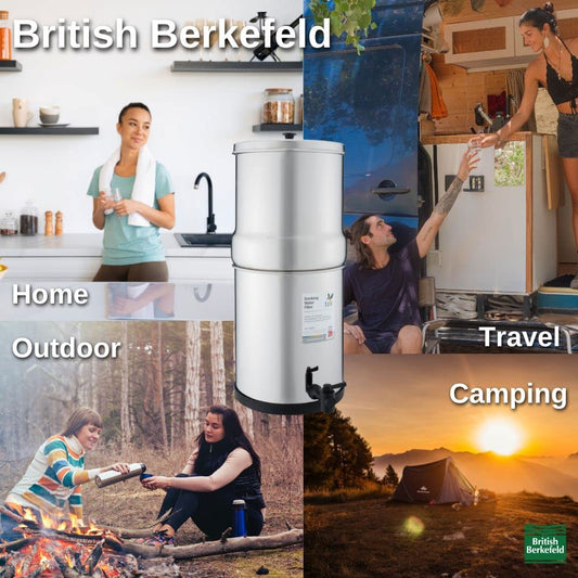 Collage featuring American Reserves British Berkefeld Doulton 3.17 Gallon Countertop Gravity-Fed Water Filtration System in various scenes: a woman using it at home, two people by a van, friends around a campfire, and a tent at sunset. Text labels: Home, Outdoor, Travel, Camping.