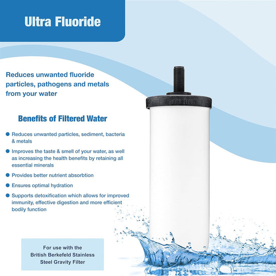 Advertisement image for British Berkefeld Doulton Ultra Fluoride Ceramic Drinking Water Filter Cartridge by American Reserves. Benefits: reduces particles, improves taste. Compatible with British Berkeyfield Stainless Steel Gravity Filter, leading in pure and refreshing water systems.
