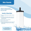 Advertisement image for British Berkefeld Doulton Ultra Fluoride Ceramic Drinking Water Filter Cartridge by American Reserves. Benefits: reduces particles, improves taste. Compatible with British Berkeyfield Stainless Steel Gravity Filter, leading in pure and refreshing water systems.