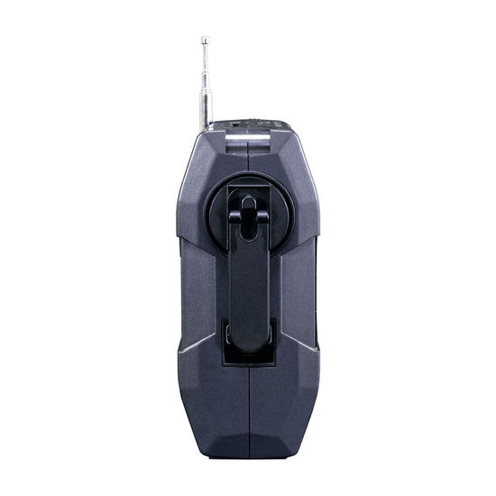 A front view showcases a vintage-style Kaito Emergency Radio Voyager Max KA900 by American Reserves, featuring a black design with an extended telescopic antenna. This bulky device combines retro charm with modern emergency preparedness, central speaker, and control buttons.