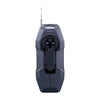 A front view showcases a vintage-style Kaito Emergency Radio Voyager Max KA900 by American Reserves, featuring a black design with an extended telescopic antenna. This bulky device combines retro charm with modern emergency preparedness, central speaker, and control buttons.