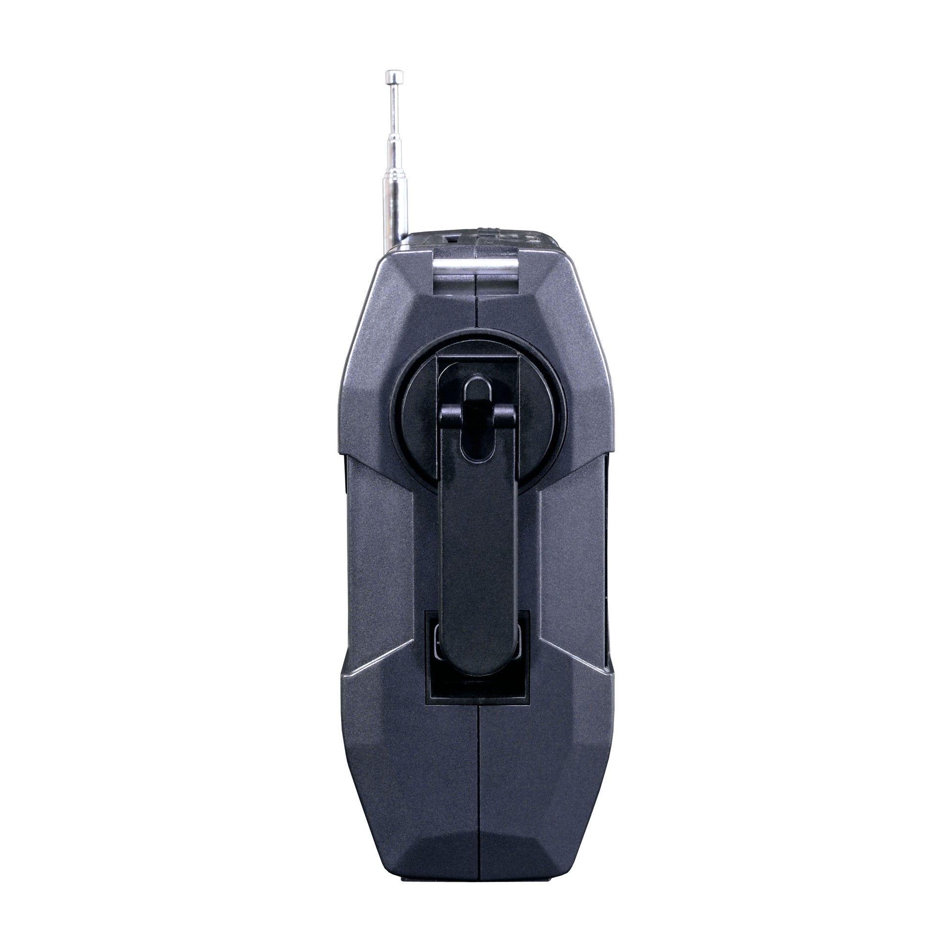 A front view showcases a vintage-style Kaito Emergency Radio Voyager Max KA900 by American Reserves, featuring a black design with an extended telescopic antenna. This bulky device combines retro charm with modern emergency preparedness, central speaker, and control buttons.