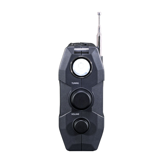 The Kaito Emergency Radio Voyager Max KA900 by American Reserves is a sleek, black, portable stereo radio with a compact design. It features a protruding antenna, built-in flashlight, Tuning and Volume dials, Bluetooth, MP3 player, recorder, and phone charger for emergency preparedness.