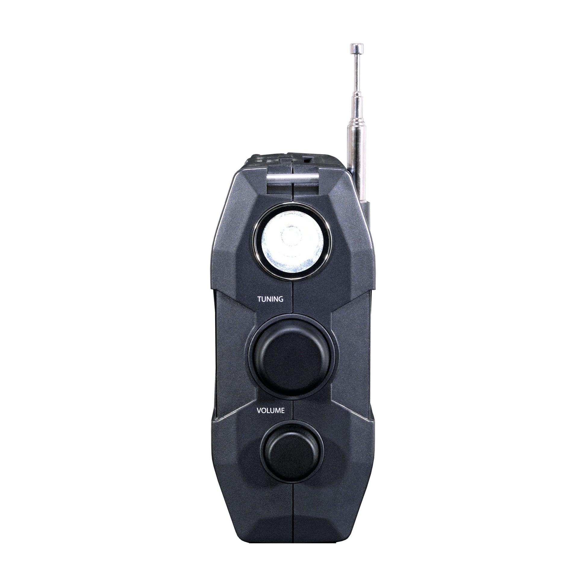 The Kaito Emergency Radio Voyager Max KA900 by American Reserves is a sleek, black, portable stereo radio with a compact design. It features a protruding antenna, built-in flashlight, Tuning and Volume dials, Bluetooth, MP3 player, recorder, and phone charger for emergency preparedness.