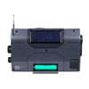 The American Reserves Kaito Emergency Radio Voyager Max KA900 is a black portable radio equipped with a retractable antenna and solar panel. Its battery compartment holds a green rechargeable battery, featuring knobs and buttons for emergency preparedness along with Bluetooth, an MP3 player, and more.