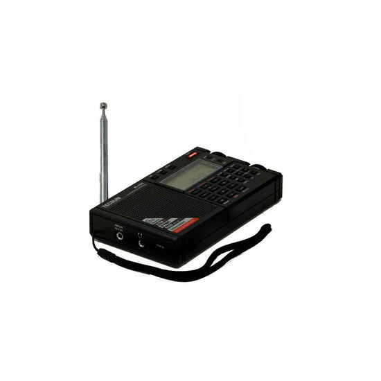 The Tecsun PL330 by American Reserves is a sleek black portable radio with a digital display, antenna, control buttons, and wrist strap. Its perfect for tuning into AM FM Shortwave with SSB and Synchronous wherever you go.