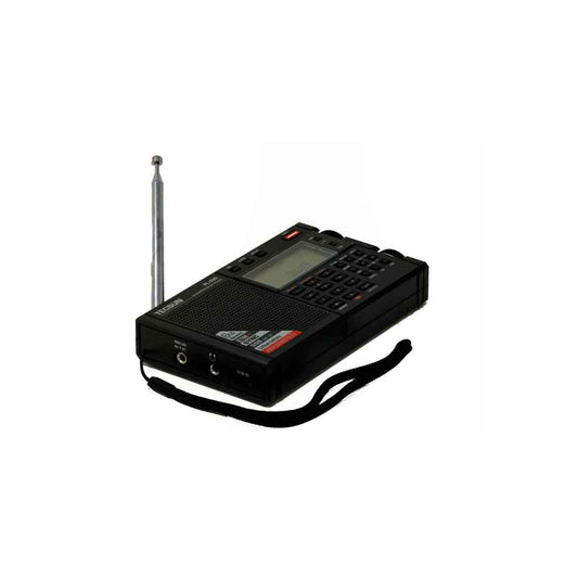The Tecsun PL330 by American Reserves is a sleek black portable radio with a digital display, antenna, control buttons, and wrist strap. Its perfect for tuning into AM FM Shortwave with SSB and Synchronous wherever you go.