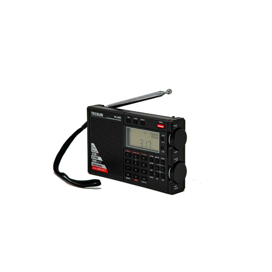 The American Reserves Tecsun PL330 is a sleek black portable radio with an extended antenna, digital display, and various controls. Perfect for AM FM Shortwave fans, this compact device keeps you connected wherever you are.