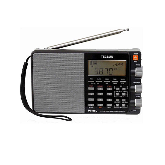 The Tecsun PL880 from American Reserves features a dynamic audio amplifier, extended antenna, digital display tuned to 98.7 FM, and various control buttons.