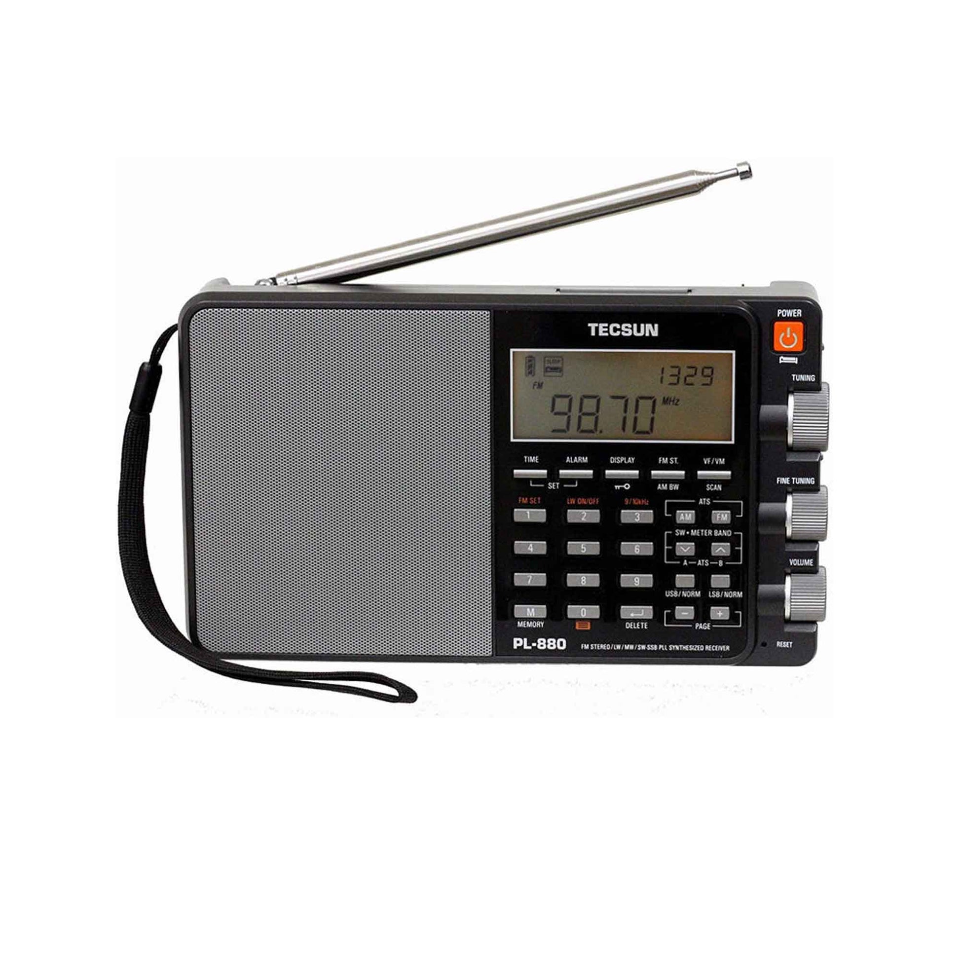 The Tecsun PL880 from American Reserves features a dynamic audio amplifier, extended antenna, digital display tuned to 98.7 FM, and various control buttons.