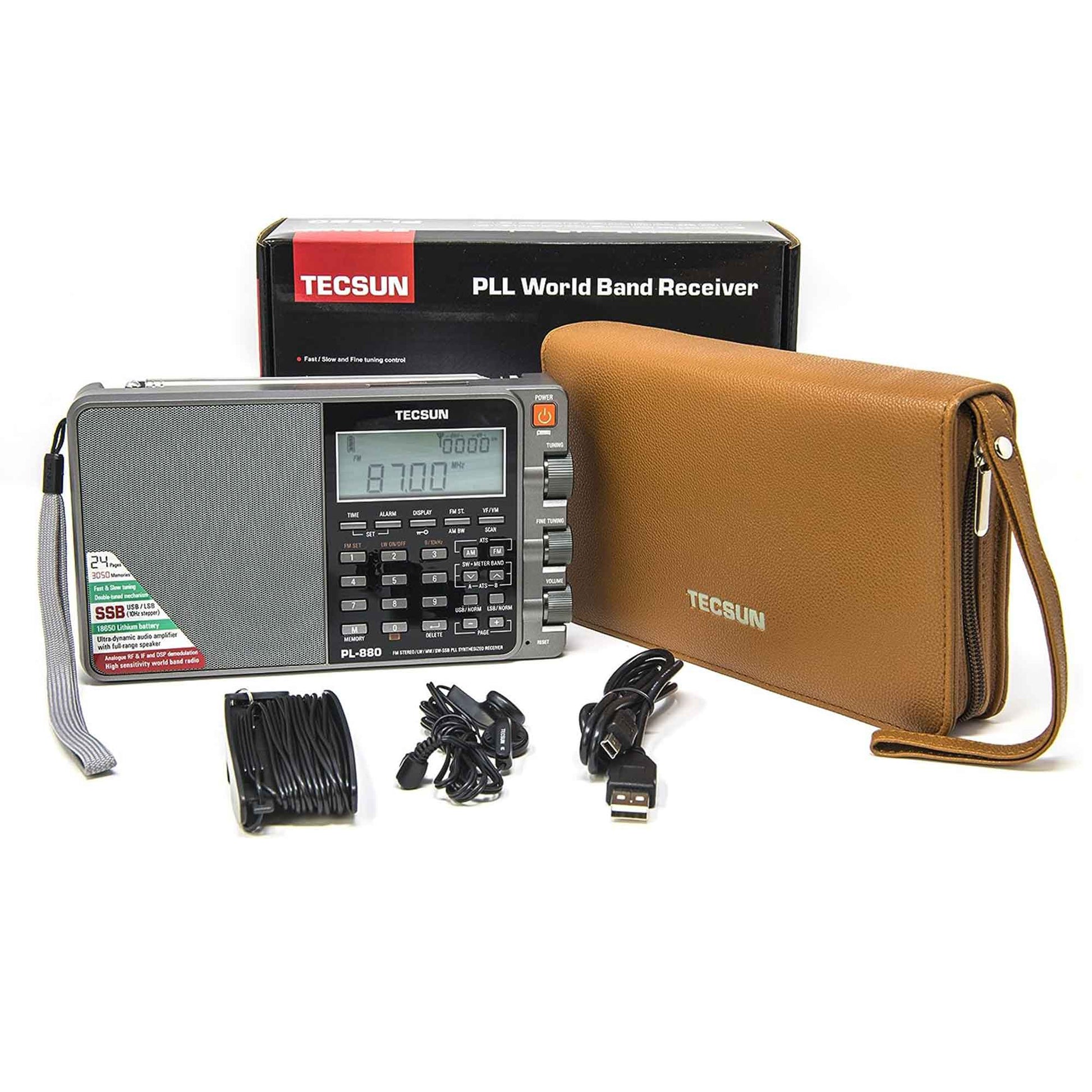 The American Reserves Tecsun PL880 PLL Dual Conversion AM FM Shortwave Portable Radio with SSB includes an advanced audio amplifier, leather pouch, charging cable, earbuds, and box.