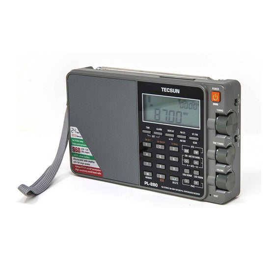 The Tecsun PL880, offered by American Reserves, is a portable radio with SSB and a leather pouch. It features dynamic audio amplifier technology, side control knobs, a digital display, speaker grill, strap, and a world band receiver. Designed for global frequency exploration and includes a rechargeable battery.