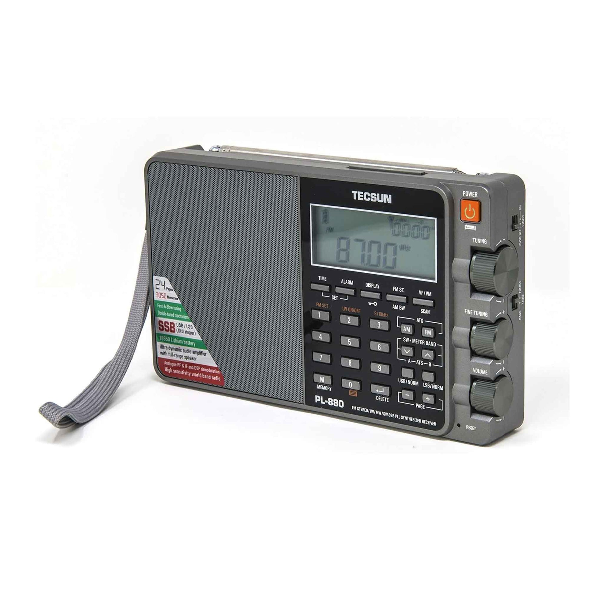 The Tecsun PL880, offered by American Reserves, is a portable radio with SSB and a leather pouch. It features dynamic audio amplifier technology, side control knobs, a digital display, speaker grill, strap, and a world band receiver. Designed for global frequency exploration and includes a rechargeable battery.