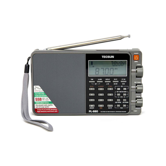 The American Reserves Tecsun PL880 radio boasts dynamic audio amplifier tech, a digital display, tuning knobs, buttons, telescopic antenna, wrist strap, and displays 8700kHz. This world band receiver includes SSB and offers top-notch sound quality for your listening pleasure. Comes with a leather pouch.