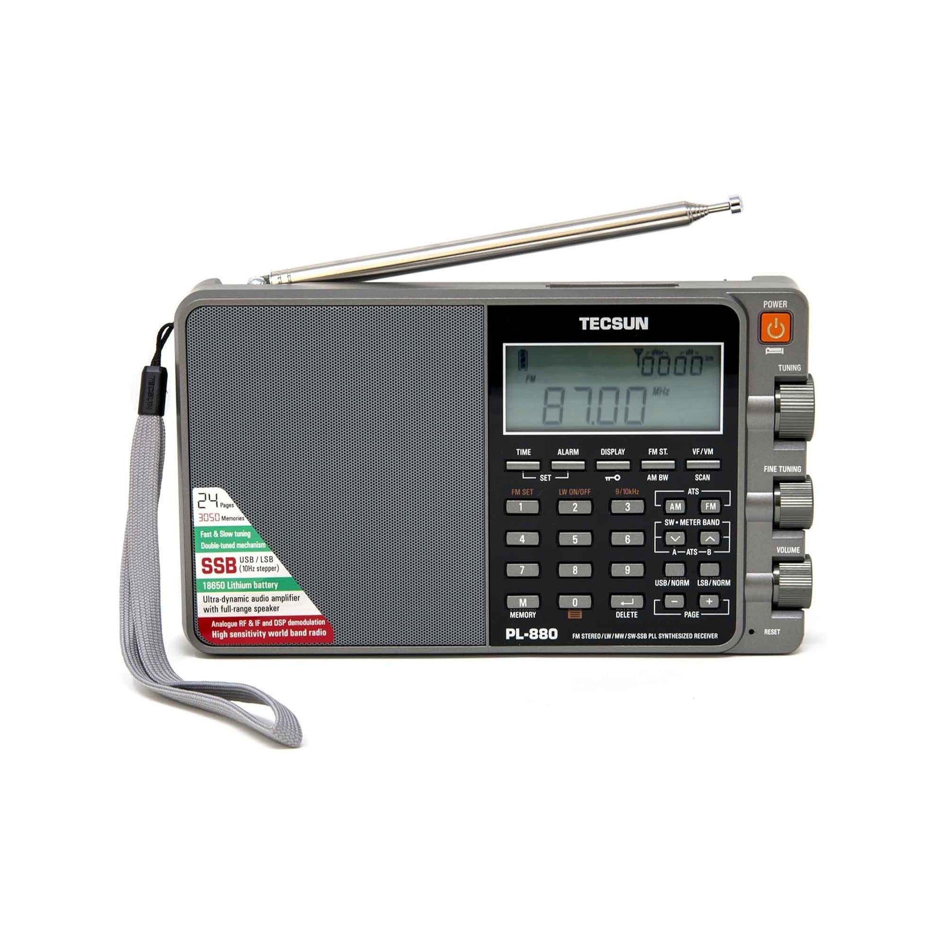The American Reserves Tecsun PL880 radio boasts dynamic audio amplifier tech, a digital display, tuning knobs, buttons, telescopic antenna, wrist strap, and displays 8700kHz. This world band receiver includes SSB and offers top-notch sound quality for your listening pleasure. Comes with a leather pouch.