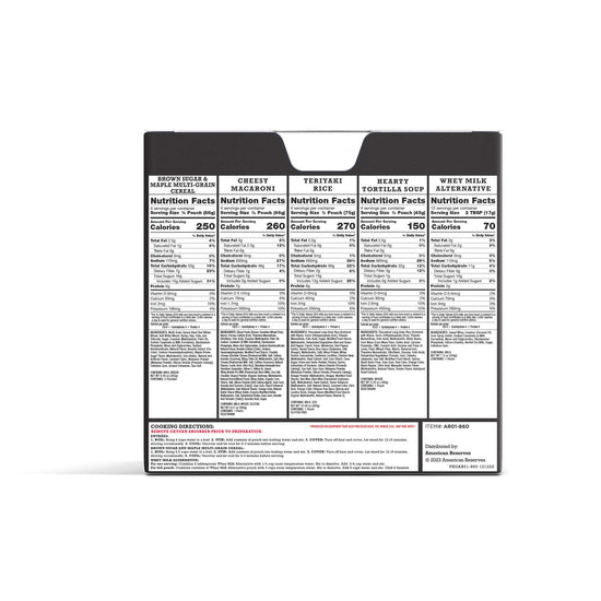 The back of the American Reserves 72 Hour Emergency Food and Drink Supply box shows nutrition facts for Brown Sugar & Maple, Cheesy Macaroni, Teriyaki Rice, and Hearty Tortilla Soup. These lunch entrees are perfect for long-term prep with a 25-year shelf life.