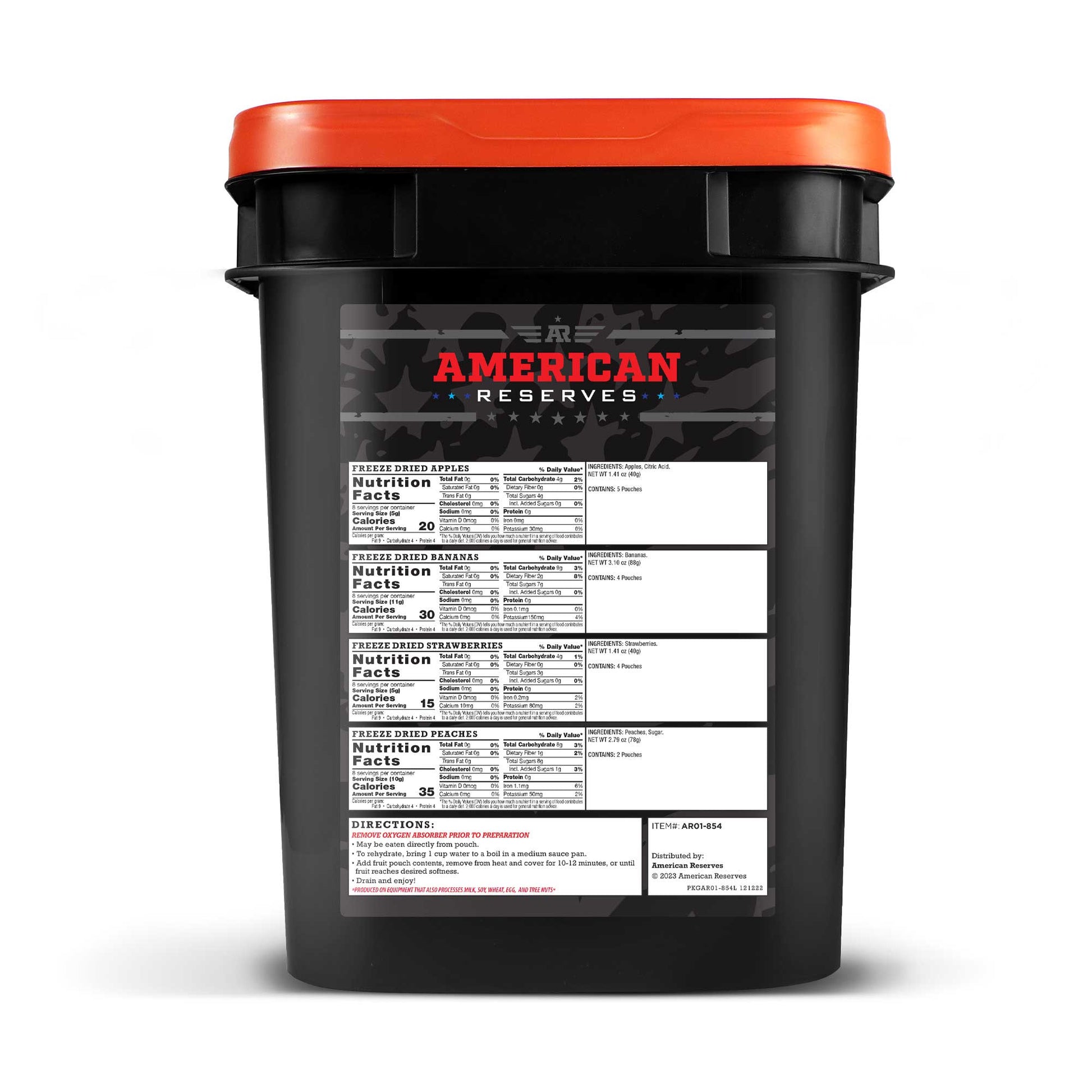 The 120 Serving Freeze Dried Fruit Bucket by American Reserves is a black container with an orange lid featuring essential prep instructions. It has a 20-year shelf life and the top of the label features a camouflage design.