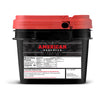 A black container with a red lid labeled American Reserves contains emergency freeze-dried powdered eggs, each serving providing 80 calories. It includes nutritional info, cooking directions, and a 10-year shelf life guarantee. Distributed by American Reserve, Inc., it offers 12 servings per container.