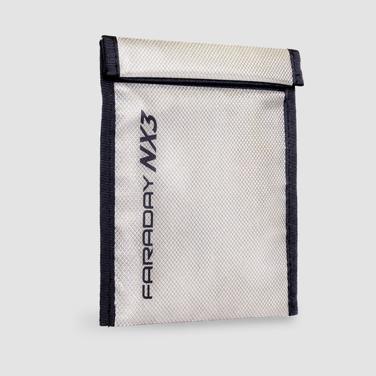 A sleek gray Anti-Hacking and EMF Shielding Bag by American Reserves, featuring black trim and text. Crafted from CYBER NC fabric for superior EMF protection to securely store your essentials.