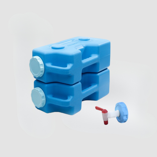 Two AquaBrick 2 Pack Food and Water Storage Containers by American Reserves in blue, with a detached spigot and matching cap beside them on a light background, are ideal for efficient water storage solutions.