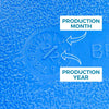 Close-up of a blue plastic surface on an AquaBrick 2 Pack Food and Water Storage Container by American Reserves, showing embossed numbers for production month (2) and year (23), highlighted by arrows.
