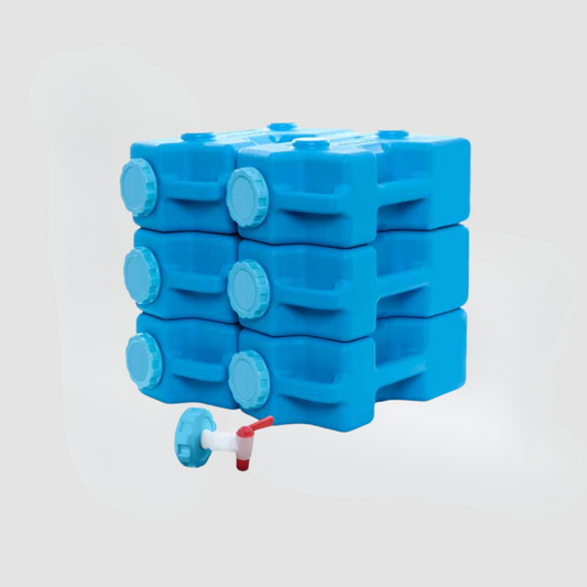 A set of six AquaBrick 6 Pack Food and Water Storage Containers by American Reserves, featuring blue plastic bodies and white spouts, can be neatly stacked in two columns and three rows for effective water storage.