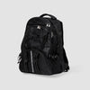 The American Reserves Red 64 Piece Survival Backpack features multiple zippered compartments, side mesh pockets, and two reflective stripes, ideal for carrying emergency gear. Its shown against a plain light gray background.