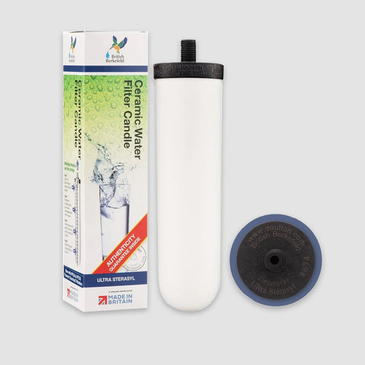The British Berkefeld Doulton Ultra Sterasyl 7 Ceramic Replacement Candle by American Reserves features advanced technology, packaging with a circular rubber cap, and a Made in Britain label, ensuring authentic and efficient water filtration for gravity drinking systems.