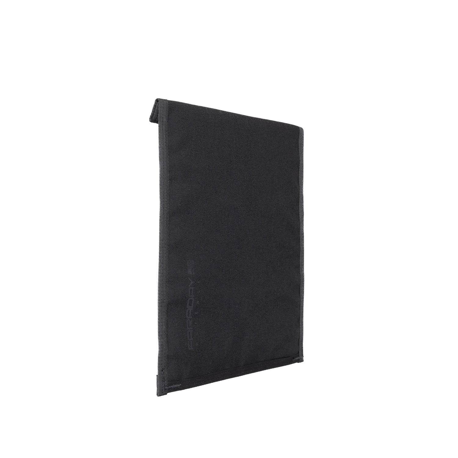 The American Reserves CORDURA® Berry Compliant Faraday Large Tablet Jacket, a sleek and expertly crafted black fabric folder, stands upright against a plain white background.