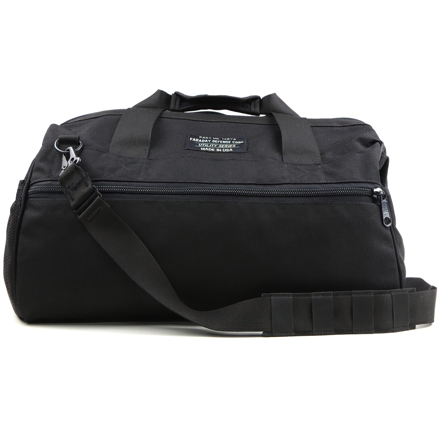 The American Reserves CORDURA® Utility Bag Large is a black duffle featuring two handles, an adjustable shoulder strap, front zipper pocket, and top label. Perfect for durability and style, this versatile bag endures all your adventures.