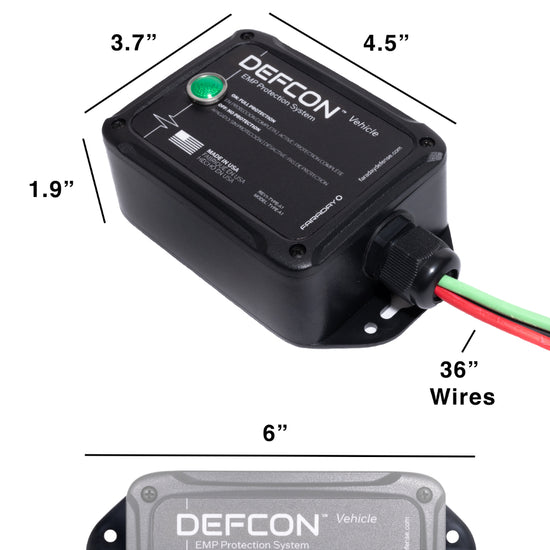 The American Reserves DEFCON™ Vehicle + EMP Vehicle Protection Kit is a black device measuring 3.7 x 4.5 x 1.9, featuring a green indicator, attached 36 wires, and offers strong electromagnetic pulse defense for your equipment.