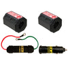 The DEFCON™ Vehicle + EMP Vehicle Protection Kit by American Reserves includes two black fuse holders with labels, a T.R.A inline fuse, and a car adapter with ring terminals, providing vehicle safety from electromagnetic pulse events.