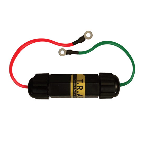 The DEFCON™ Vehicle + EMP Protection Kit by American Reserves is a cylindrical device with a black casing labeled TRA, featuring red and green wires with looped ends, expertly safeguarding vehicles against electromagnetic pulse interferences.