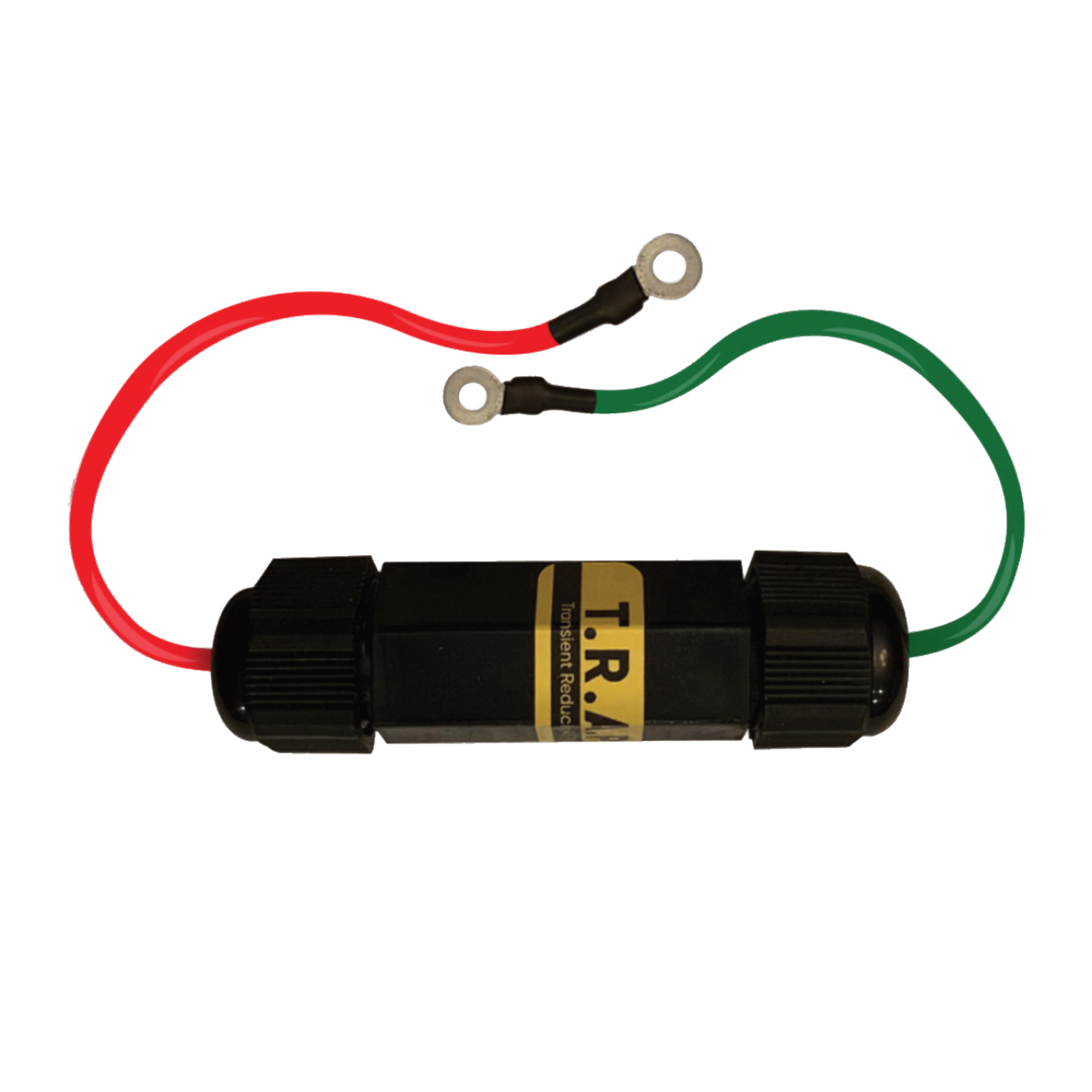 The DEFCON™ Vehicle + EMP Protection Kit by American Reserves is a cylindrical device with a black casing labeled TRA, featuring red and green wires with looped ends, expertly safeguarding vehicles against electromagnetic pulse interferences.