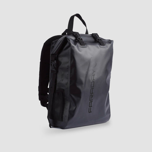 An American Reserves Faraday Dry Bag Backpack in Stealth Black, resembling a Faraday Dry Bag, with a top handle and straps, is made from water-resistant material offering signal-blocking capabilities. The backpack is shown on a white background.