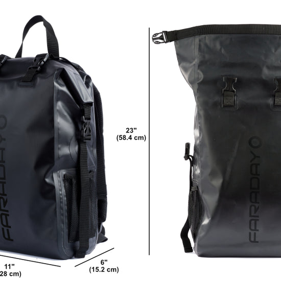 The Faraday Dry Bag Backpack – Stealth Black by American Reserves features FARADAY text, measures 16 x 11 x 6 (40.6 x 28 x 15.2 cm), unfolds to a height of 23 (58.4 cm), and doubles as a dry bag, offering exceptional signal-blocking and EMP protection for your essentials.