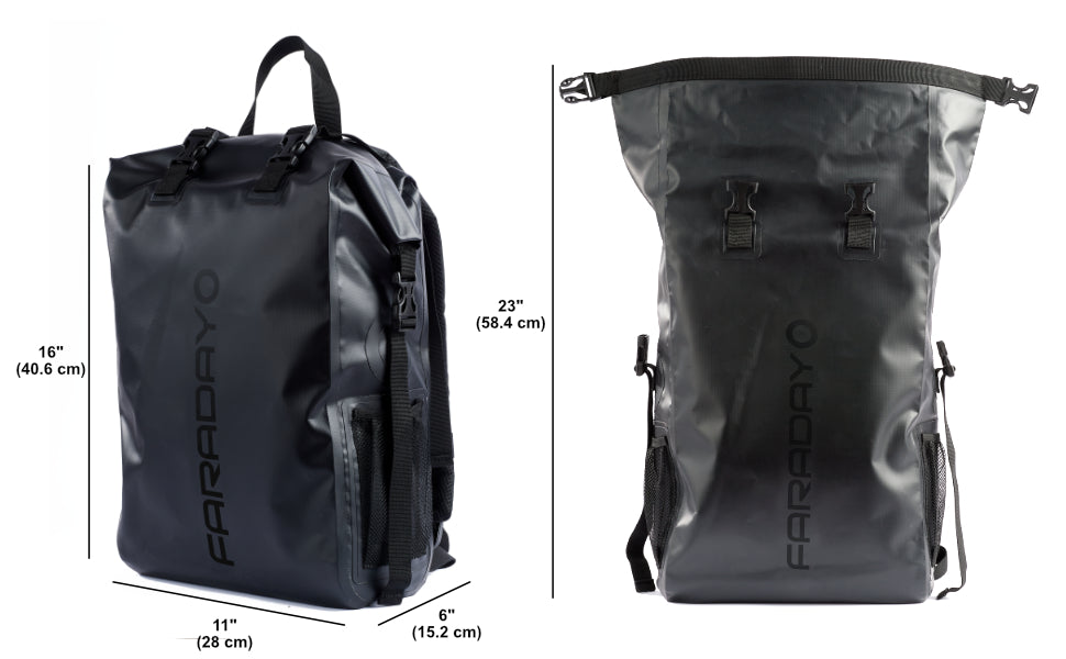 The Faraday Dry Bag Backpack – Stealth Black by American Reserves features FARADAY text, measures 16 x 11 x 6 (40.6 x 28 x 15.2 cm), unfolds to a height of 23 (58.4 cm), and doubles as a dry bag, offering exceptional signal-blocking and EMP protection for your essentials.