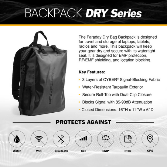 The American Reserves Faraday Dry Bag Backpack in Stealth Black features CYBER signal-blocking fabric for strong EMP protection, a roll-top closure, waterproof build, and blocks 95-90dB signals. Measuring 16H x 11W x 6D, it keeps your gear secure from diverse threats.