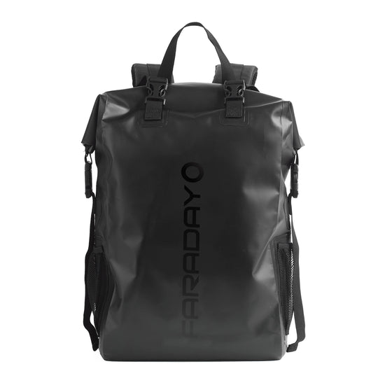 The American Reserves Faraday Dry Bag Backpack in Stealth Black features a top handle, adjustable straps, and vertical FARADAY print. Made from waterproof material with side pockets, its designed to block signals for added security.