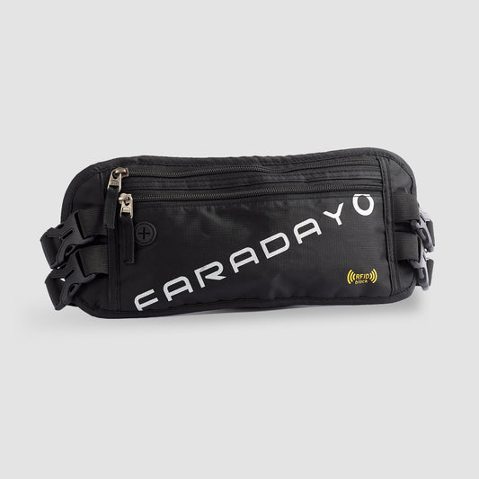 A sleek black, rectangular American Reserves Faraday Waist Pack – RFID Belt Bag features a zipper, two side buckles, and FARADAY in white diagonally. Yellow RFID blocking symbols shine in the bottom right corner against a plain gray background accentuating its modern design.