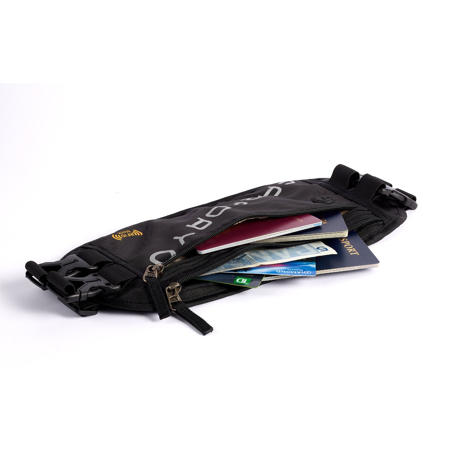 A black American Reserves Faraday Waist Pack – RFID Belt Bag, open to show a red passport, credit cards, and tickets, provides RFID blocking for peace of mind with printed text on it.